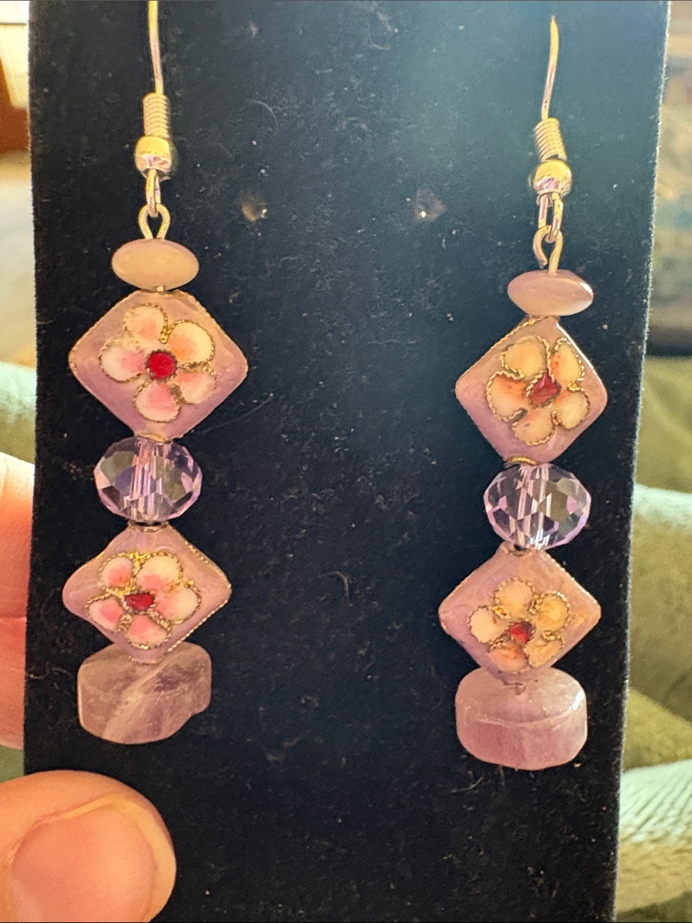Hand Crafted Lavender Floral Cloisonné with Amethyst & Crystal Drop Earrings